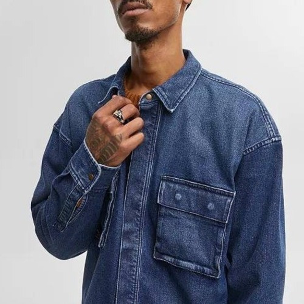 Mode of One Mens Regular Fit Denim Cargo Overshirt Dark Wash Blue XL 100198385MN